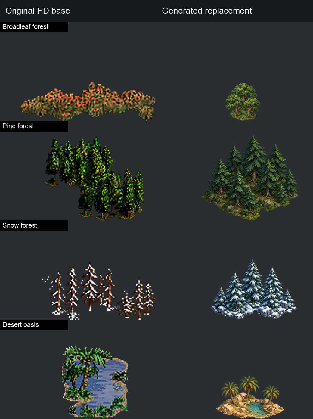 Forests and oasis across biomes: HD baseline and actual replacements