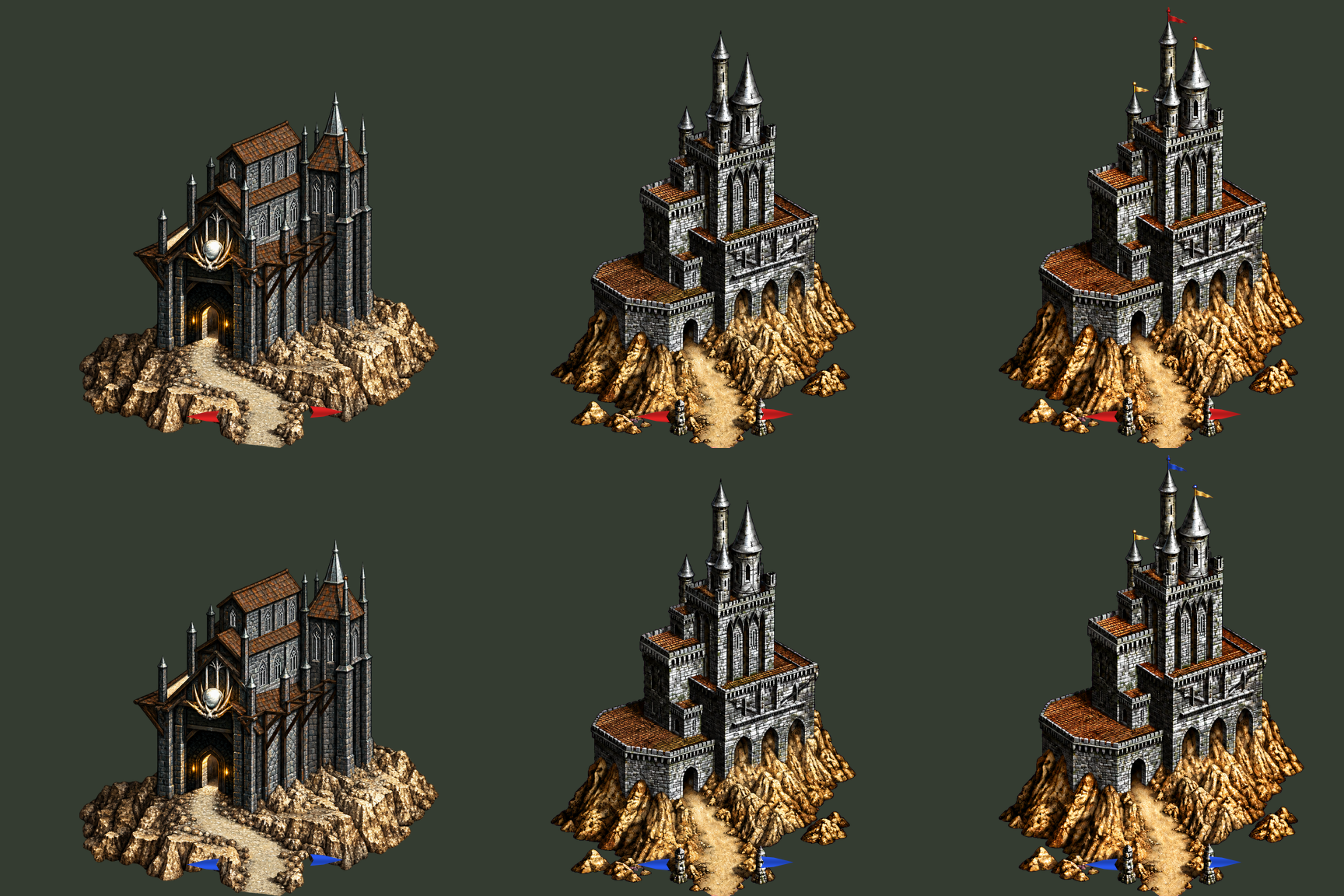 Three Necropolis map forms with red and blue ownership, offline composites