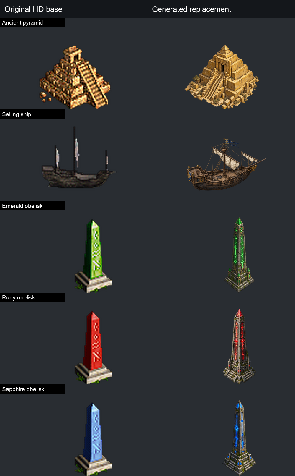 Pyramid, ship and obelisks: HD baseline and actual replacements