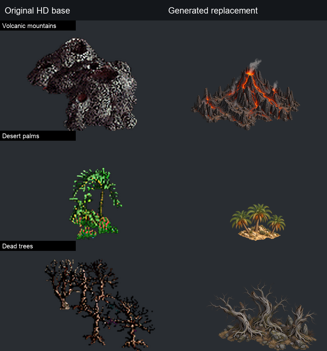 Volcanic, palm and deadwood scenery: HD baseline and actual replacements