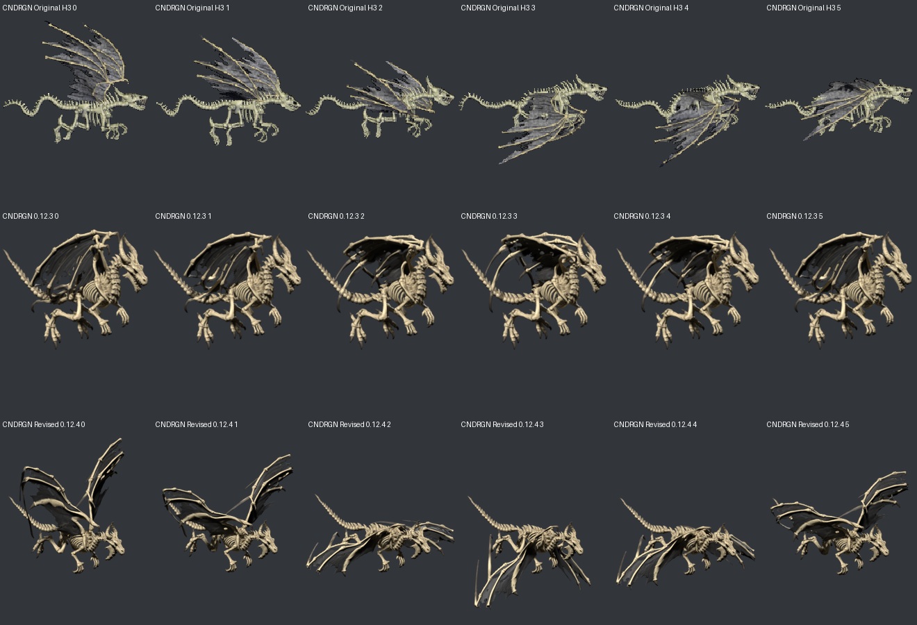 Bone Dragon: original H3, 0.12.3, and retained 0.12.4 flight; each row is framed for pose comparison, not in-game size measurement