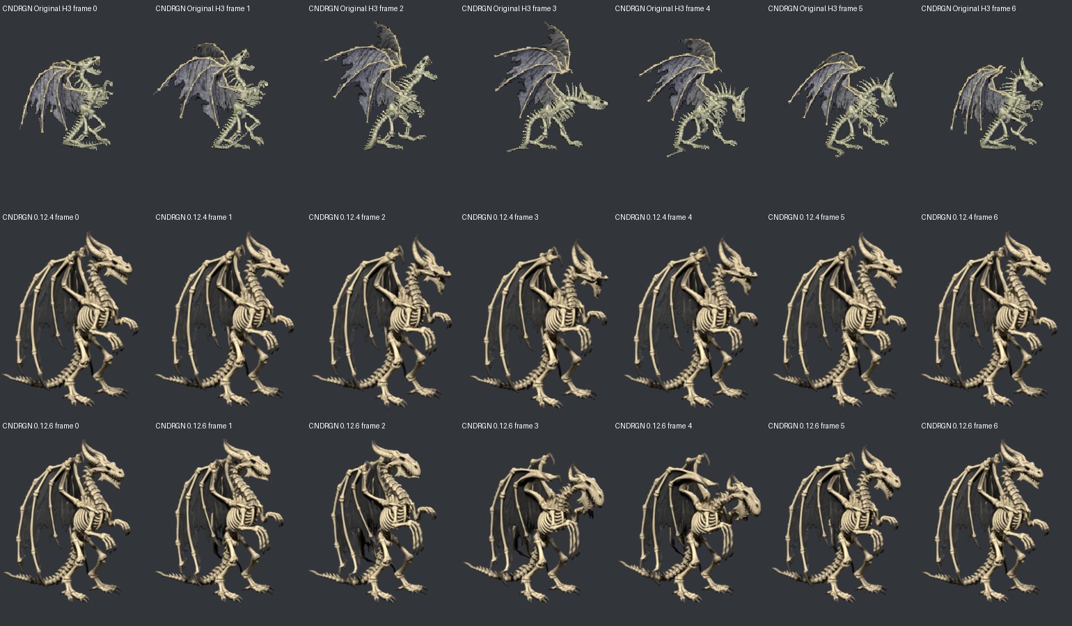 Bone Dragon frontal attack: original, previous and revised