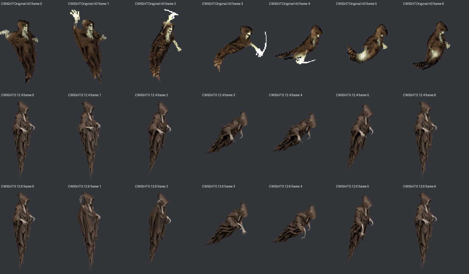 Wight: original H3, old attack and 0.12.6; each row framed for pose review