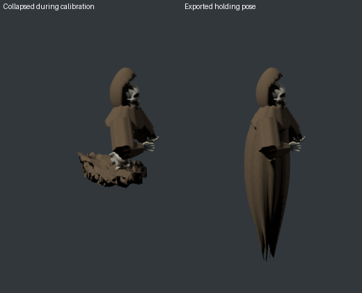 Collapsed garment during calibration versus the exported holding pose