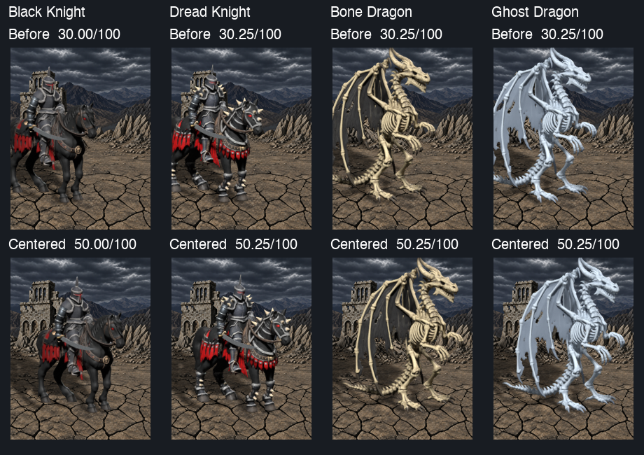 All four creatures before and after registration, actual panel crop; offline composites