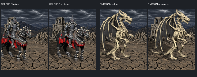 Bone Dragon and Dread Knight, before and after in the actual panel crop; offline composites