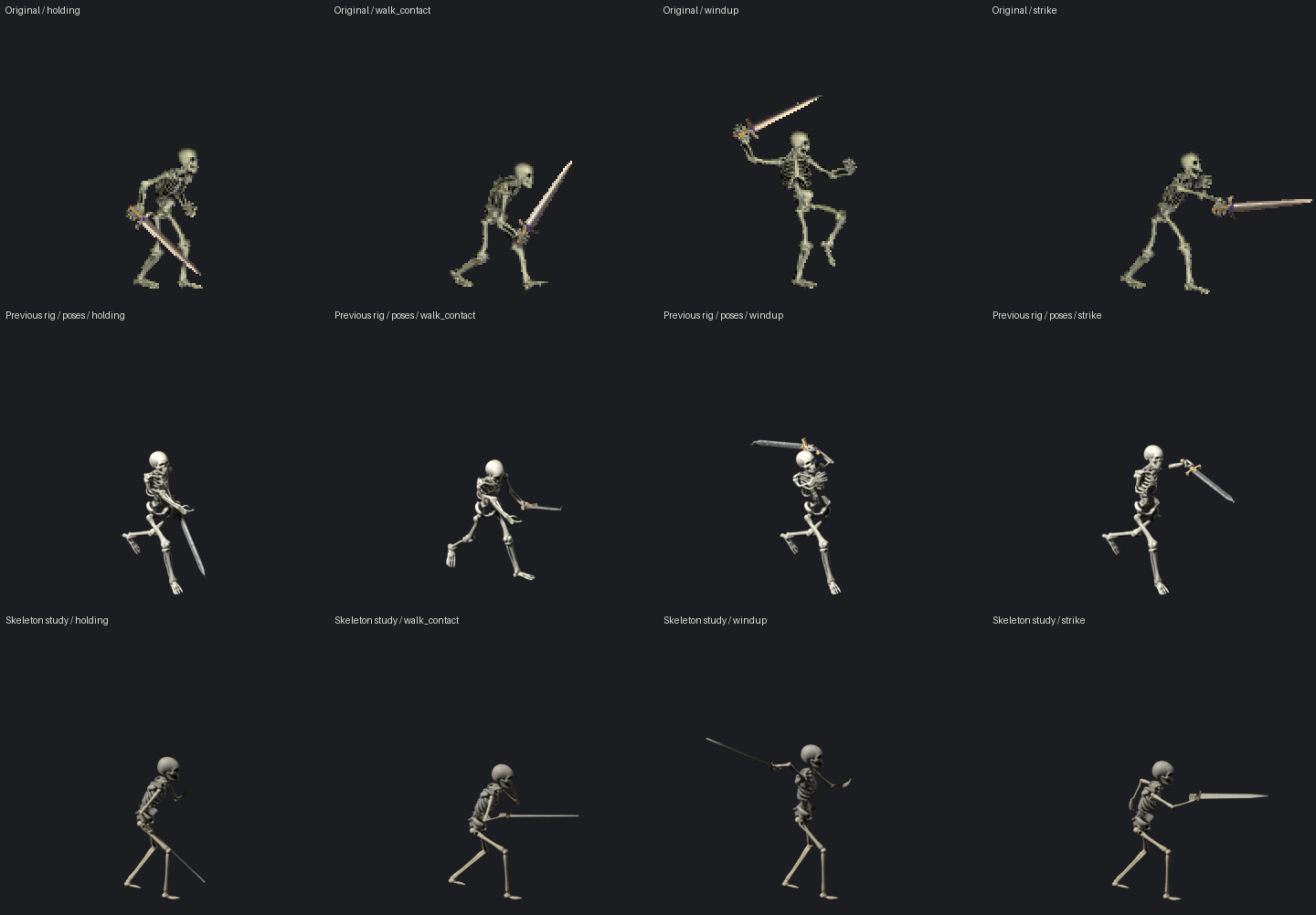 Original, previous implementation and new skeleton study across four poses