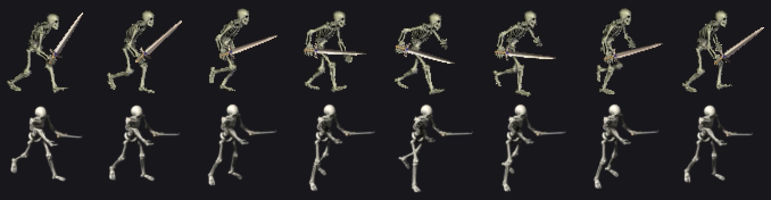 The eight-frame walk cycle, original above and ours below