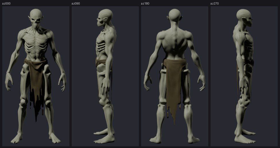 Four views of the zombie mesh